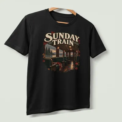 Realistic print of a train interior with autumn leaves, featuring rich colors — printed on a unisex t-shirt (angled view)