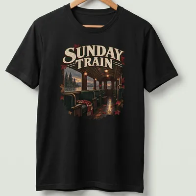 Realistic print of a train interior with autumn leaves, featuring rich colors