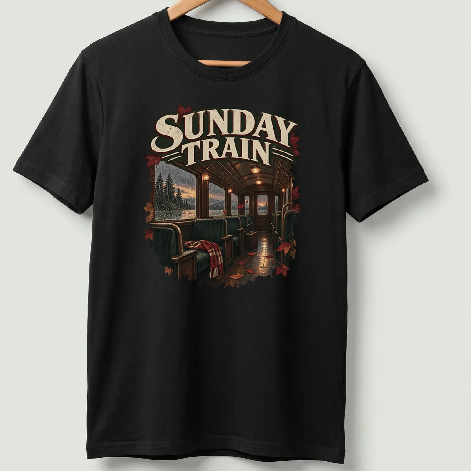 Realistic print of a train interior with autumn leaves, featuring rich colors — printed on a unisex t-shirt