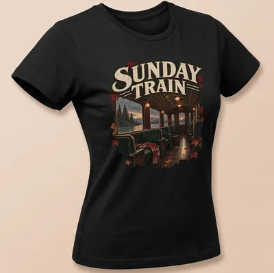 Realistic print of a train interior with autumn leaves, featuring rich colors — printed on a women's shirt