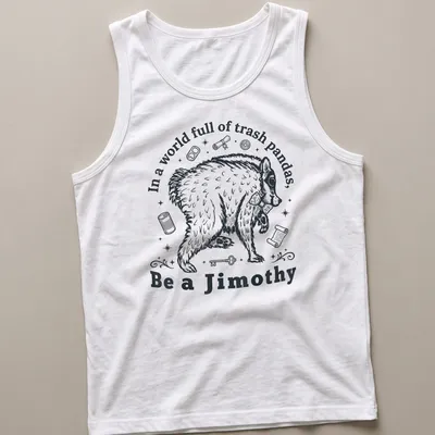 Vintage illustration of a trash panda with humorous text in black and white — printed on a tank top
