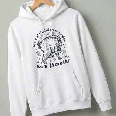 Vintage illustration of a trash panda with humorous text in black and white — printed on a unisex hoodie