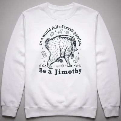 Vintage illustration of a trash panda with humorous text in black and white — printed on a unisex sweatshirt