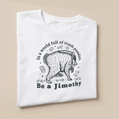 Vintage illustration of a trash panda with humorous text in black and white — printed on a unisex t-shirt (angled view)