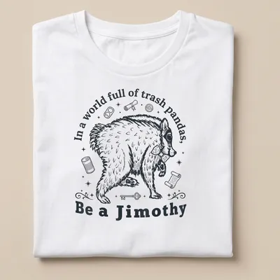 Vintage illustration of a trash panda with humorous text in black and white