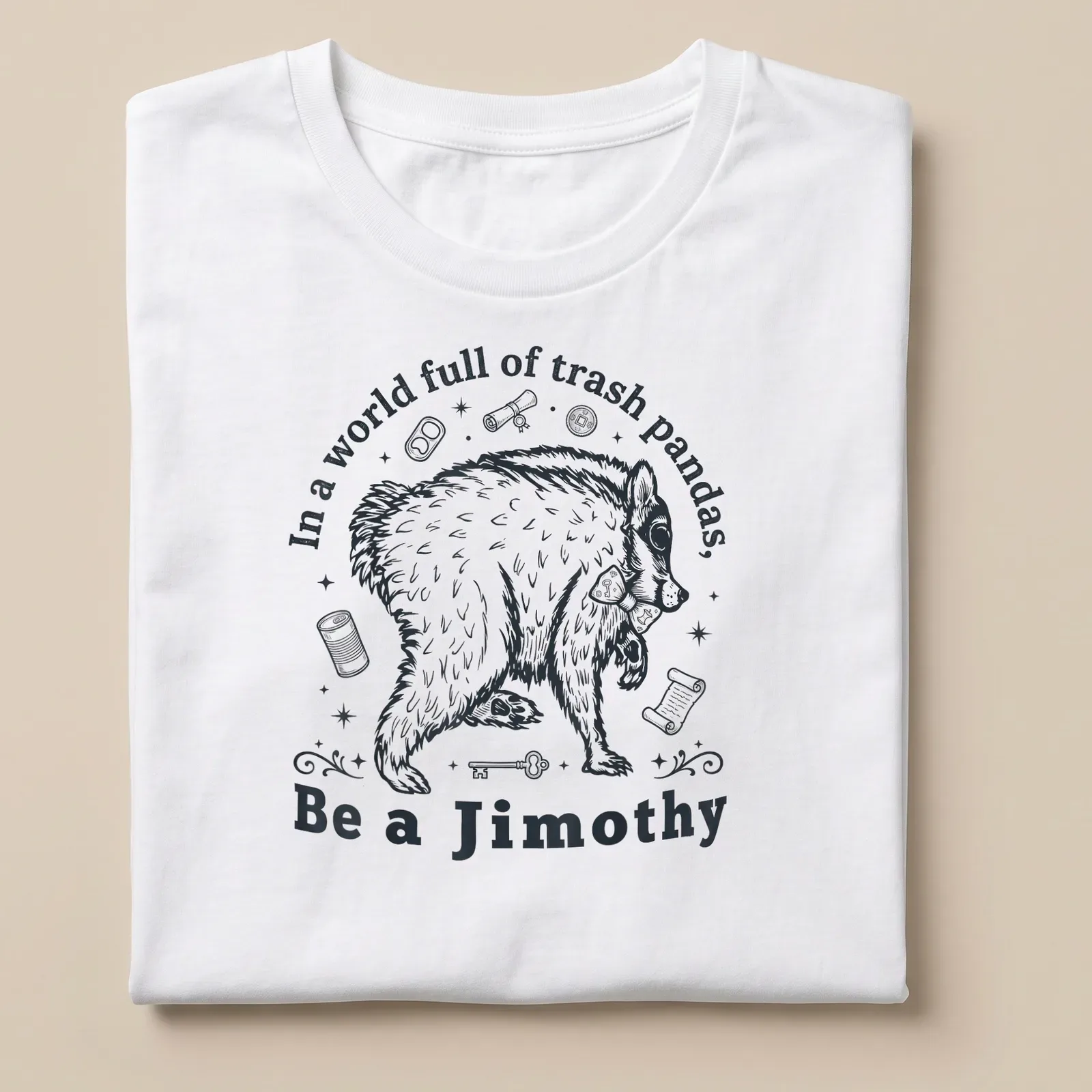 Vintage illustration of a trash panda with humorous text in black and white — printed on a unisex t-shirt