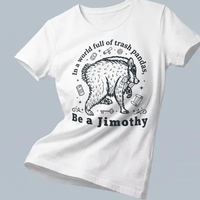 Vintage illustration of a trash panda with humorous text in black and white — printed on a women's shirt
