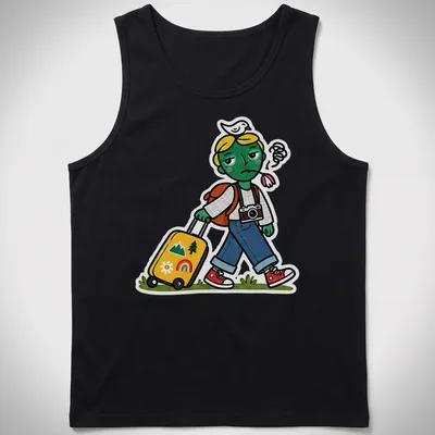 Kawaii cartoon of an unimpressed traveler dragging a suitcase in playful colors — printed on a tank top