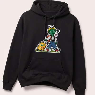 Kawaii cartoon of an unimpressed traveler dragging a suitcase in playful colors — printed on a unisex hoodie