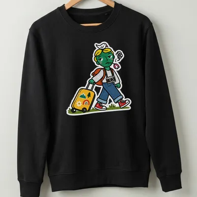 Kawaii cartoon of an unimpressed traveler dragging a suitcase in playful colors — printed on a unisex sweatshirt