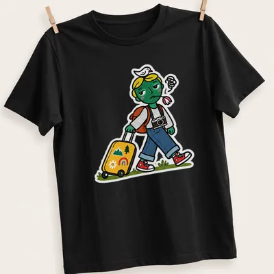 Kawaii cartoon of an unimpressed traveler dragging a suitcase in playful colors