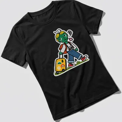 Kawaii cartoon of an unimpressed traveler dragging a suitcase in playful colors — printed on a women's shirt