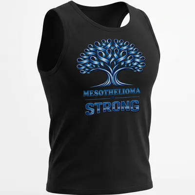 Illustration of a tree with awareness ribbons and 'MESOTHELIOMA & STRONG' text in blue tones. — printed on a tank top
