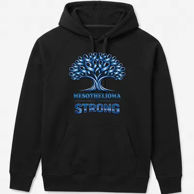 Illustration of a tree with awareness ribbons and 'MESOTHELIOMA & STRONG' text in blue tones. — printed on a unisex hoodie