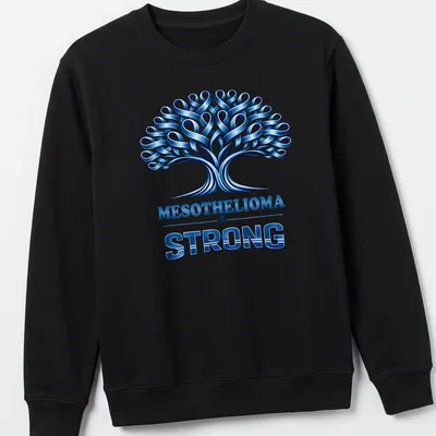 Illustration of a tree with awareness ribbons and 'MESOTHELIOMA & STRONG' text in blue tones. — printed on a unisex sweatshirt