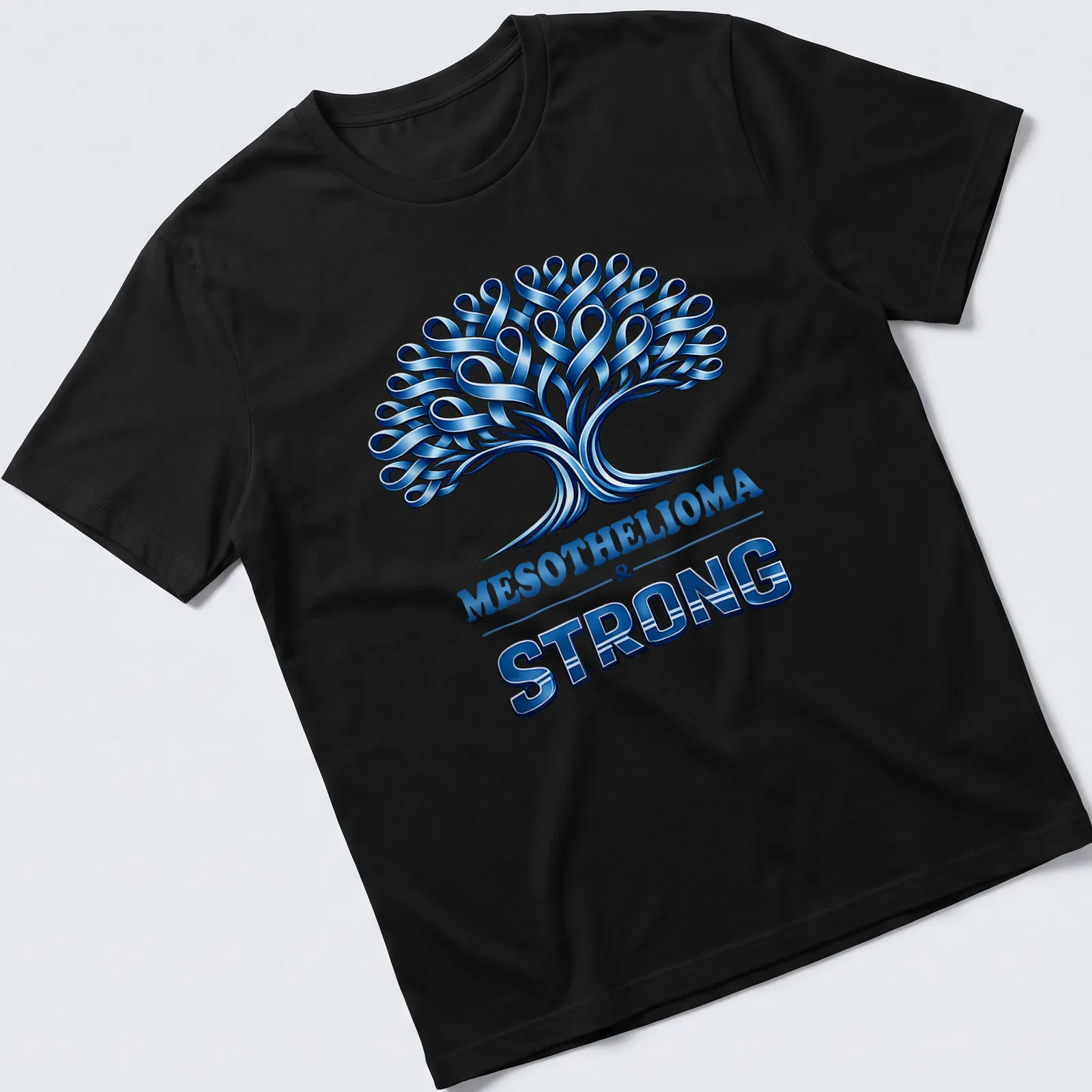 Illustration of a tree with awareness ribbons and 'MESOTHELIOMA & STRONG' text in blue tones. — printed on a unisex t-shirt