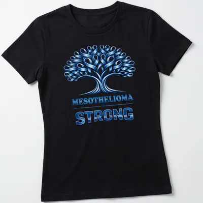 Illustration of a tree with awareness ribbons and 'MESOTHELIOMA & STRONG' text in blue tones. — printed on a women's shirt