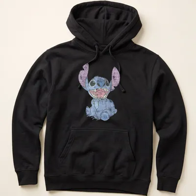 Cartoon of a happy alien character in bright colors against a tropical background — printed on a unisex hoodie