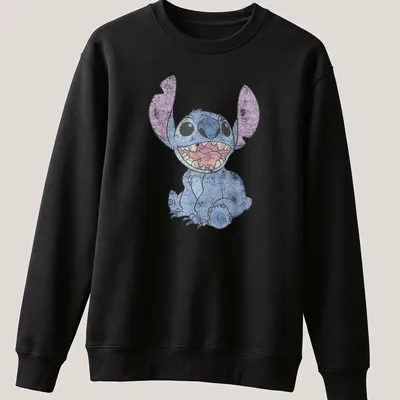 Cartoon of a happy alien character in bright colors against a tropical background — printed on a unisex sweatshirt