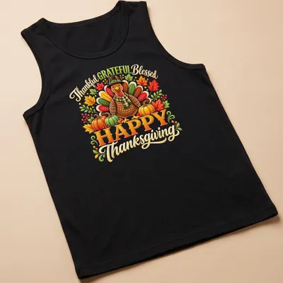 Colorful Thanksgiving shirt with turkey and cheerful typography saying Thankful Grateful Blessed Happy Thanksgiving — printed on a tank top
