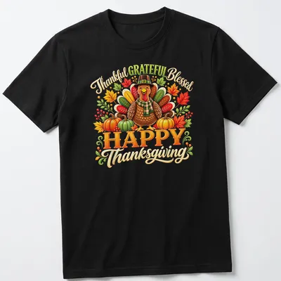 Colorful Thanksgiving shirt with turkey and cheerful typography saying Thankful Grateful Blessed Happy Thanksgiving