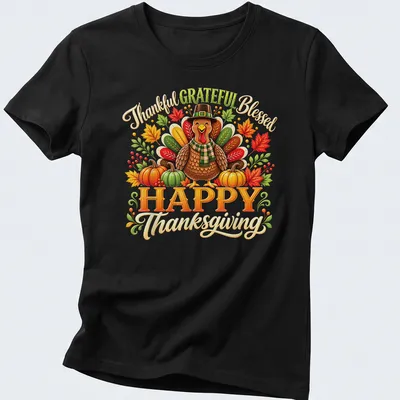 Colorful Thanksgiving shirt with turkey and cheerful typography saying Thankful Grateful Blessed Happy Thanksgiving — printed on a women's shirt