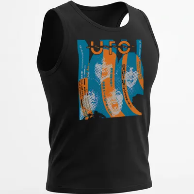 Distressed retro UFO band t-shirt with blue, orange, and white text. — printed on a tank top