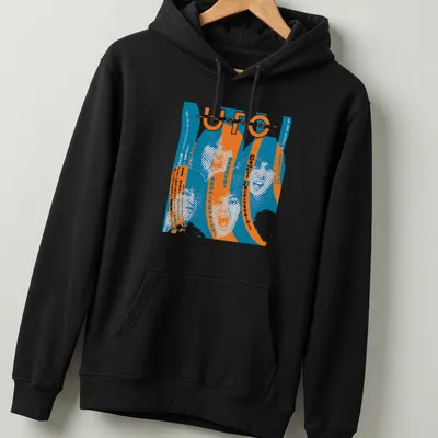 Distressed retro UFO band t-shirt with blue, orange, and white text. — printed on a unisex hoodie