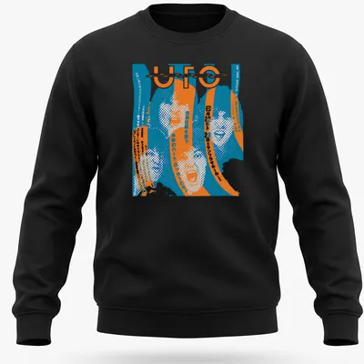 Distressed retro UFO band t-shirt with blue, orange, and white text. — printed on a unisex sweatshirt