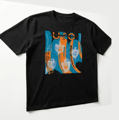 Distressed retro UFO band t-shirt with blue, orange, and white text. — printed on a unisex t-shirt (angled view)