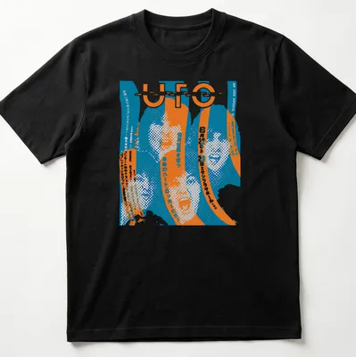 Distressed retro UFO band t-shirt with blue, orange, and white text.