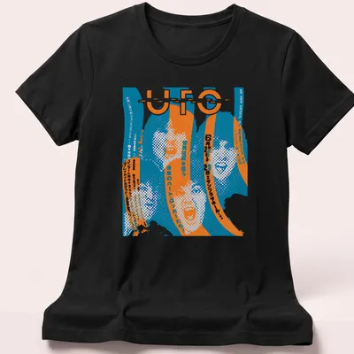 Distressed retro UFO band t-shirt with blue, orange, and white text. — printed on a women's shirt