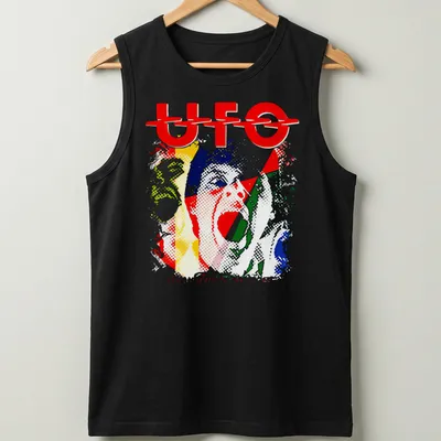 Vibrant retro design of UFO band with colorful text on — printed on a tank top