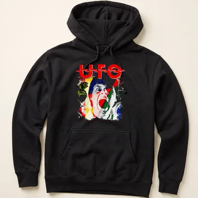 Vibrant retro design of UFO band with colorful text on — printed on a unisex hoodie