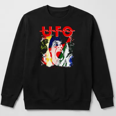 Vibrant retro design of UFO band with colorful text on — printed on a unisex sweatshirt