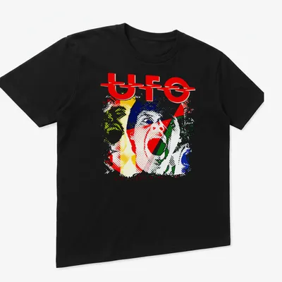 Vibrant retro design of UFO band with colorful text on — printed on a unisex t-shirt (angled view)