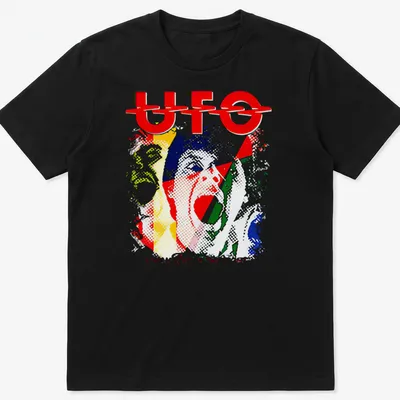 Vibrant retro design of UFO band with colorful text on t-shirt