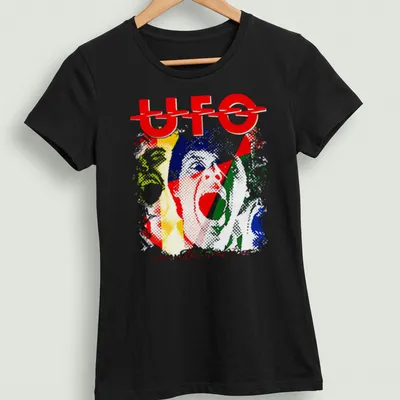 Vibrant retro design of UFO band with colorful text on — printed on a women's shirt