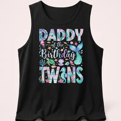 Colorful watercolor shirt featuring a mermaid and sea creatures with 'Daddy of the Birthday Twins' text — printed on a tank top