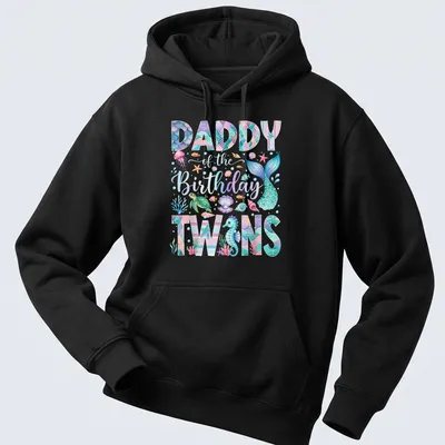 Colorful watercolor shirt featuring a mermaid and sea creatures with 'Daddy of the Birthday Twins' text — printed on a unisex hoodie