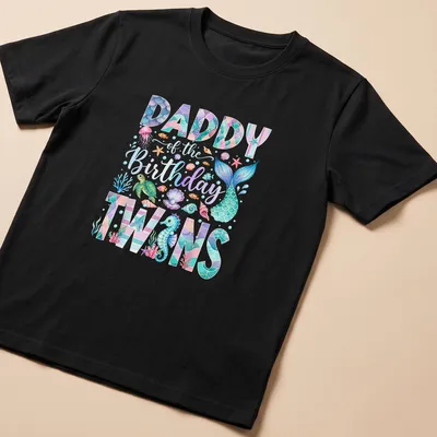 Colorful watercolor shirt featuring a mermaid and sea creatures with 'Daddy of the Birthday Twins' text