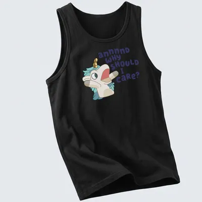 Kawaii unicorn character with text 'annnnd WHY SHOULD I CARE?' in pastel colors — printed on a tank top