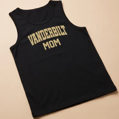Gold VANDERBILT MOM text on white background in collegiate style — printed on a tank top