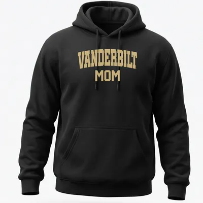 Gold VANDERBILT MOM text on white background in collegiate style — printed on a unisex hoodie