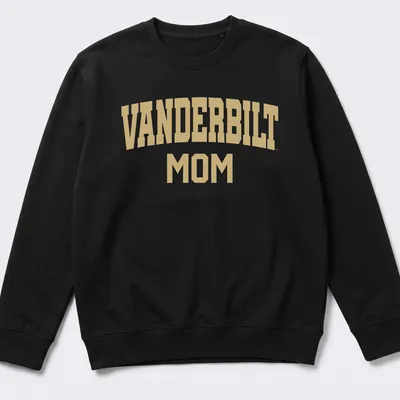 Gold VANDERBILT MOM text on white background in collegiate style — printed on a unisex sweatshirt