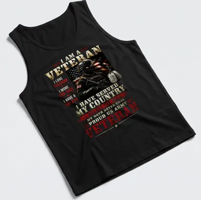 Bold print of a proud veteran's declaration with military symbols — printed on a tank top