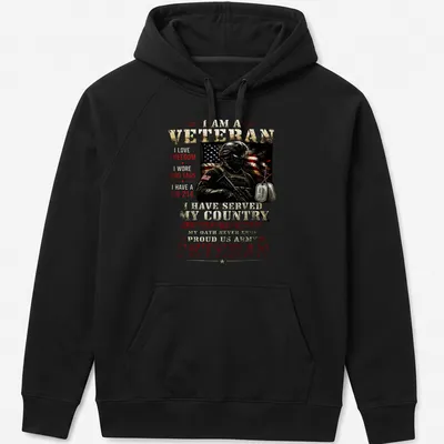 Bold print of a proud veteran's declaration with military symbols — printed on a unisex hoodie