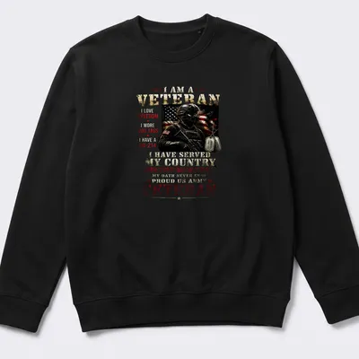 Bold print of a proud veteran's declaration with military symbols — printed on a unisex sweatshirt