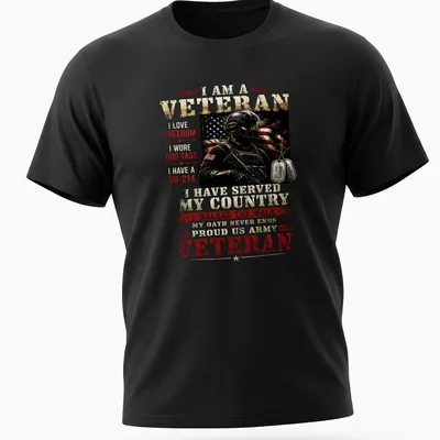 Bold print of a proud veteran's declaration with military symbols