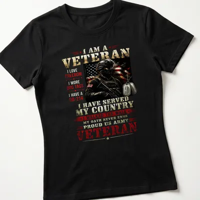 Bold print of a proud veteran's declaration with military symbols — printed on a women's shirt
